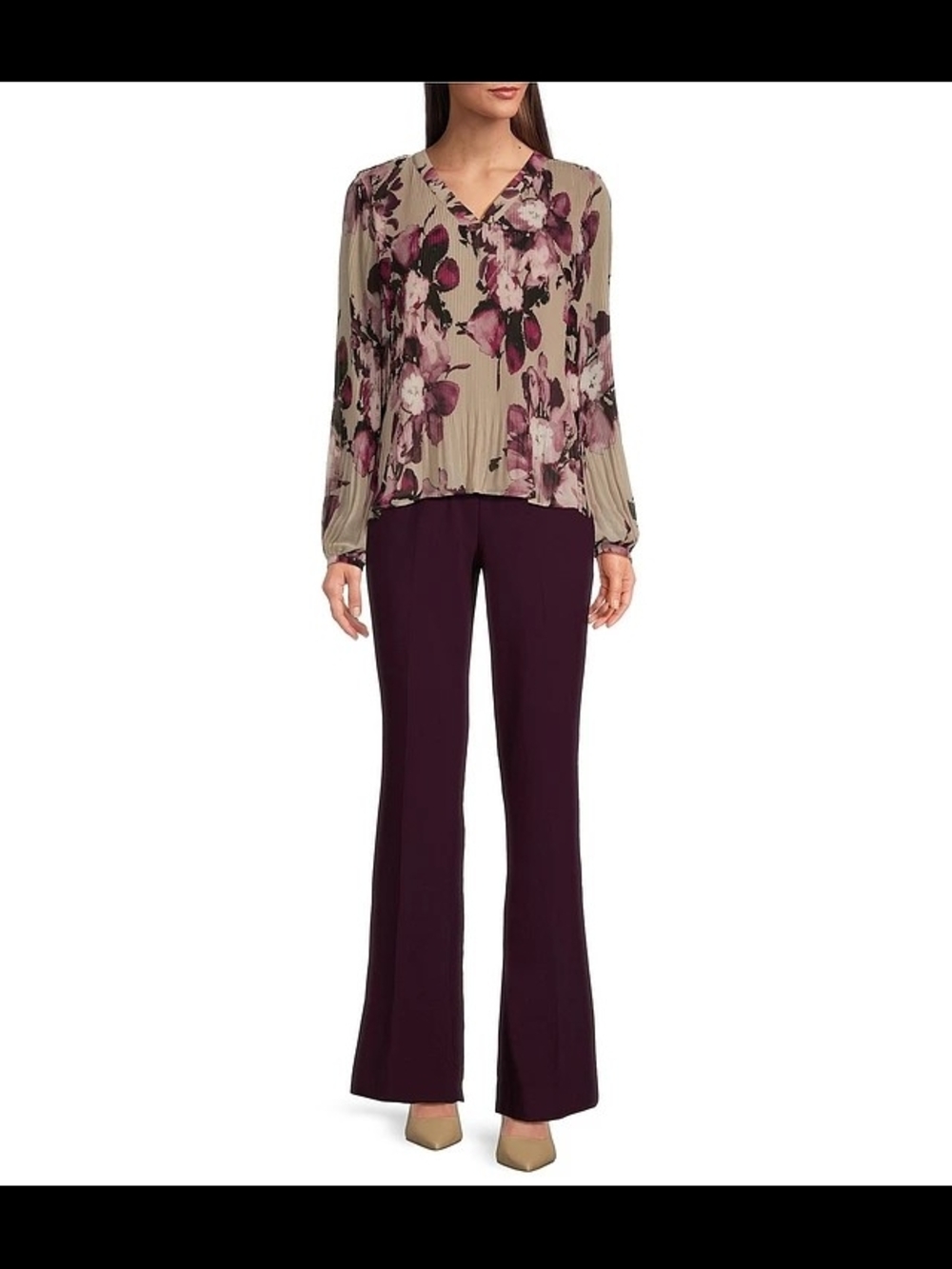 Calvin Klein Taupe Floral Pleated V-Neck Blouse with Plum Accents - Picture 2 of 11